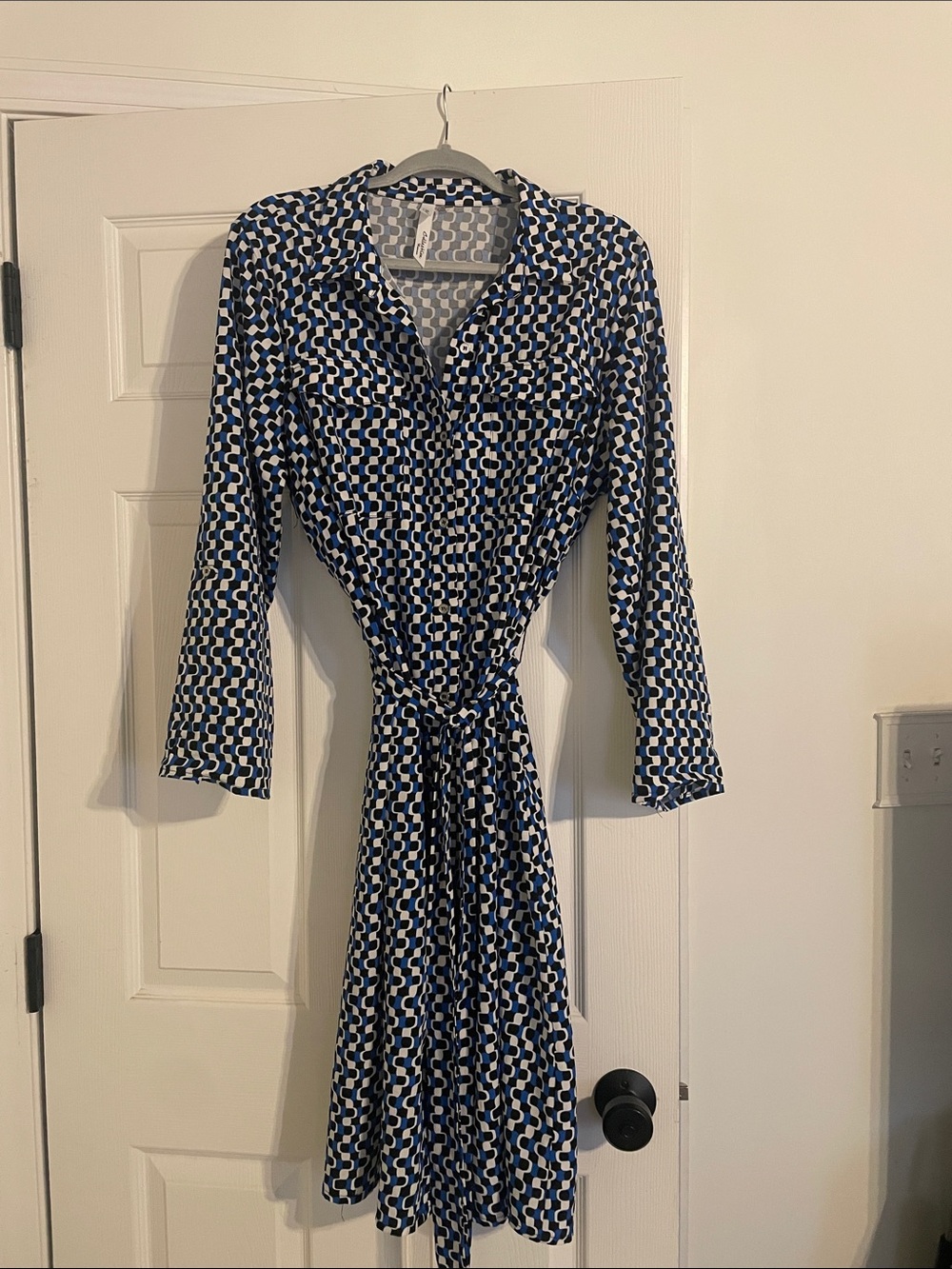 NY Collection Blue and White Geo Wrap Dress